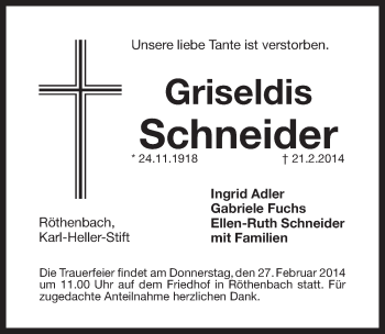 Traueranzeige von Griseldis Schneider von Pegnitz-Zeitung